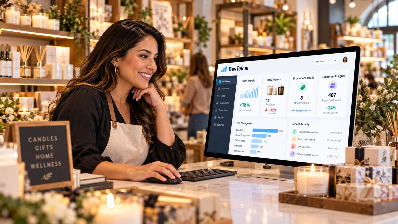 A shop owner at the counter of a candle and home fragrance store, smiling at a monitor showing the BevTek dashboard with sales trends, slow movers and customer insights.