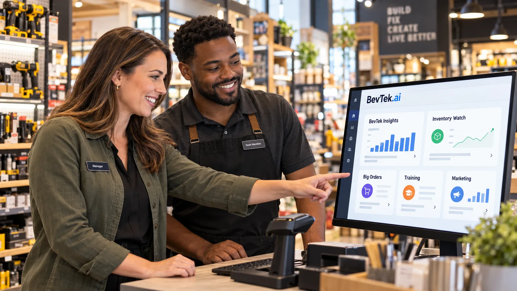 A manager and a team member at the counter of a hardware store, pointing at a monitor showing the BevTek dashboard with insights, inventory, orders, training and marketing.
