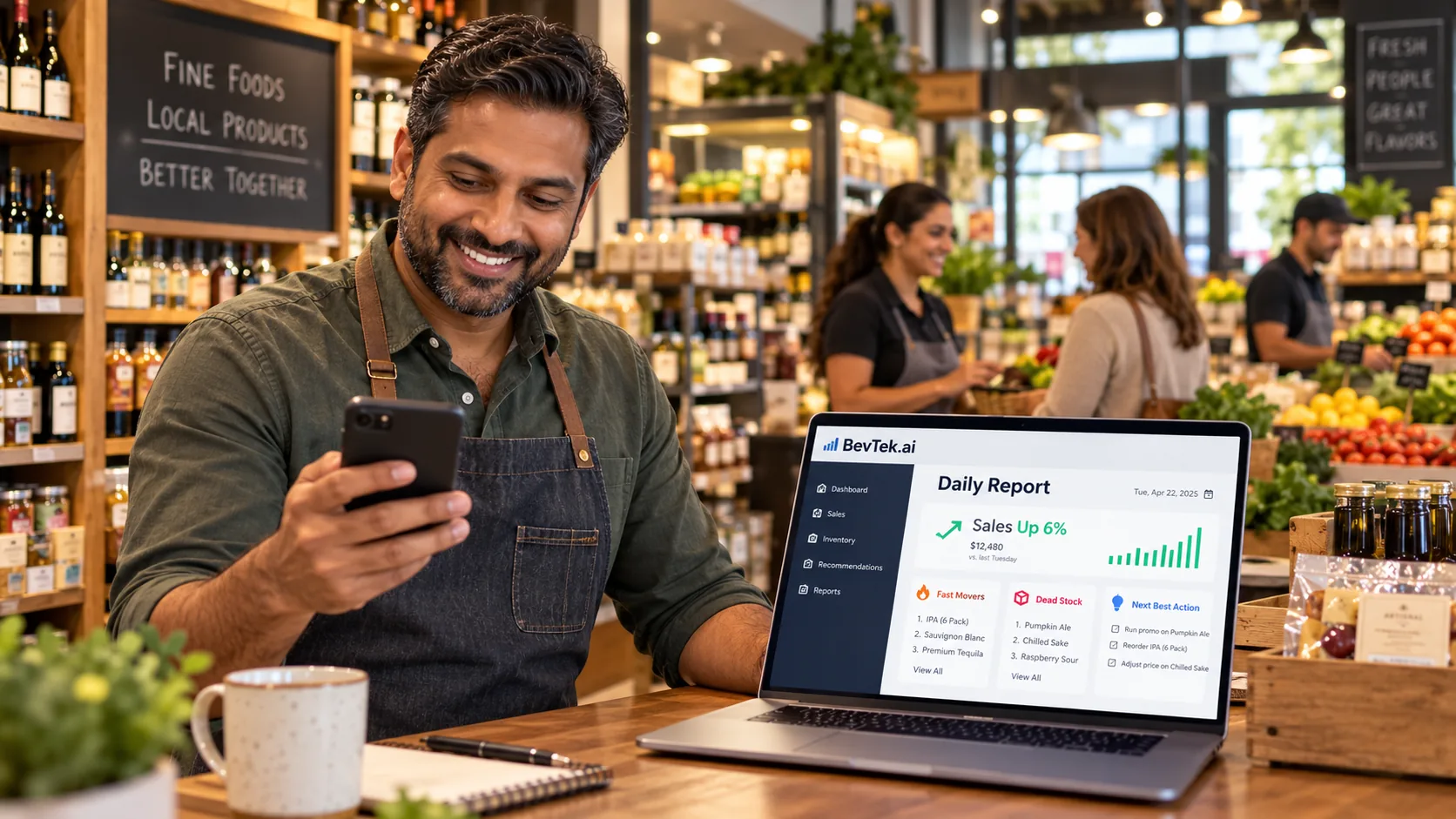 A market owner in an apron reading his phone at the counter, a laptop beside him showing a BevTek daily report with fast movers, dead stock and next best action.