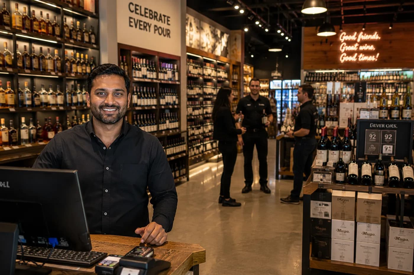 An independent liquor-store owner at the register of his shop.