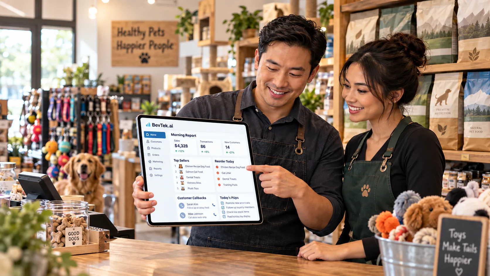 Two people behind the counter of a pet supply shop looking at a tablet showing a BevTek morning report, with leashes, toys and food bags on the shelves behind them.